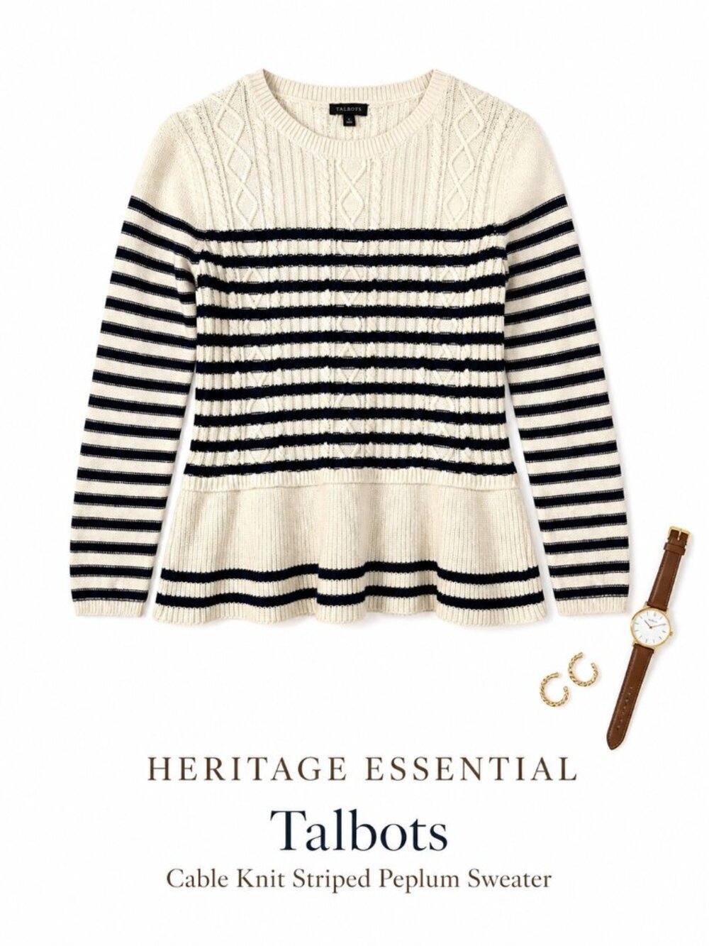Talbots Cable Knit Striped Sweater Peplum Hem Nautical M